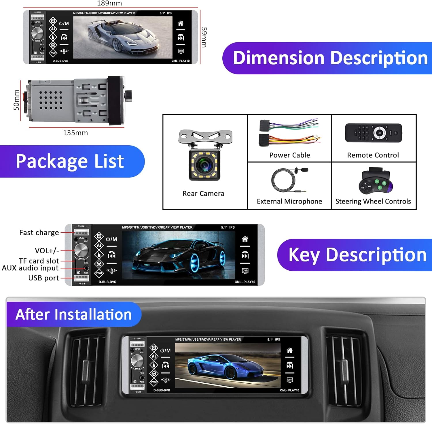 5.1 Inch HD Single Din Touchscreen Car Stereo with Bluetooth Backup Camera O924156