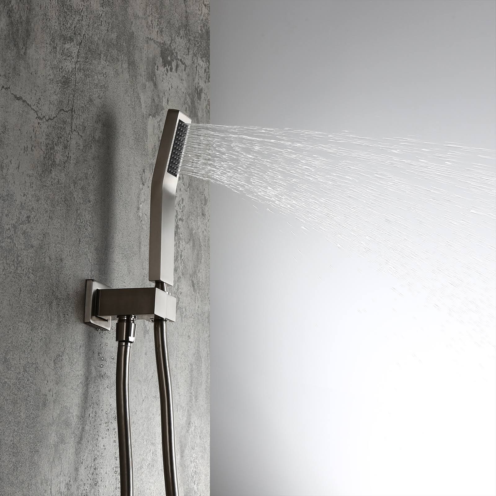 Brushed Nickel Wall Mounted Shower Set with Square Ceiling Mount Rainfall Shower Head L374188
