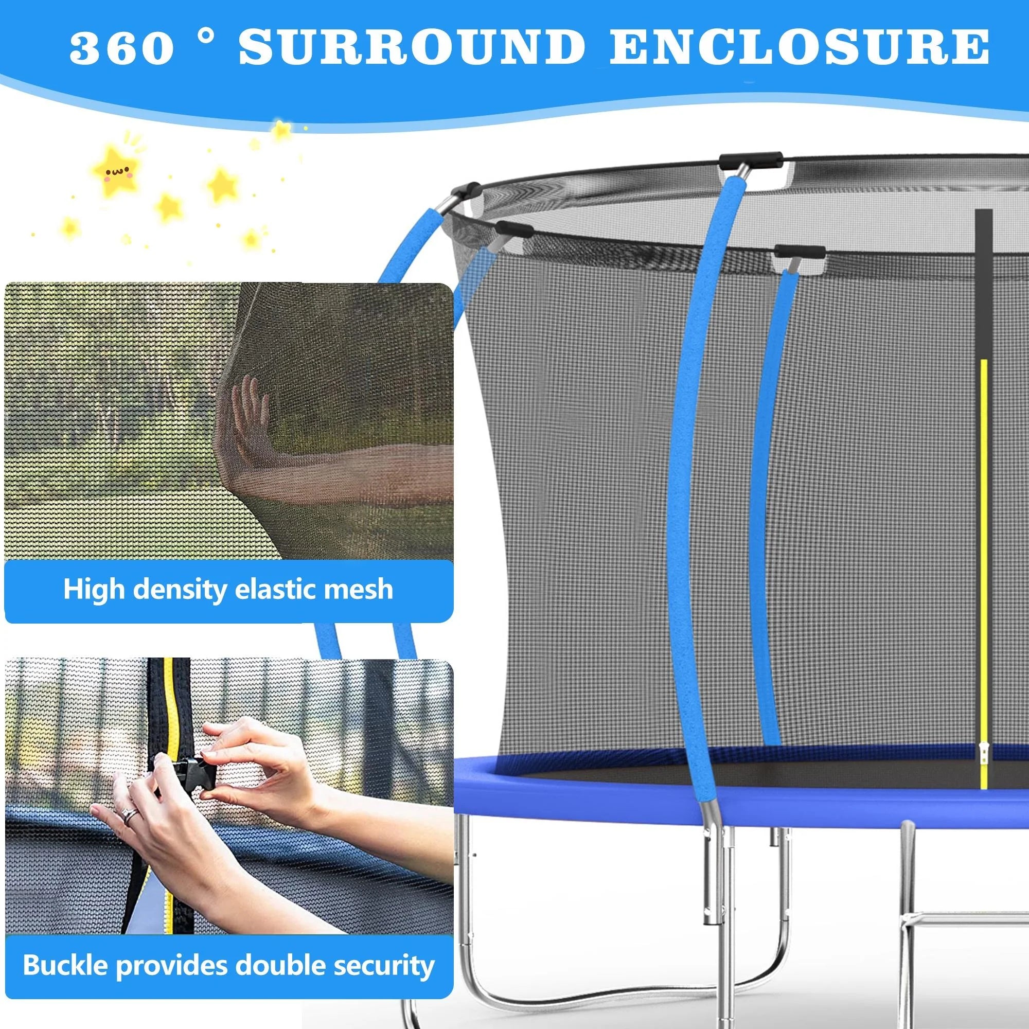 12FT Blue Outdoor Kids Trampoline with Basketball Hoop & Enclosure I710650