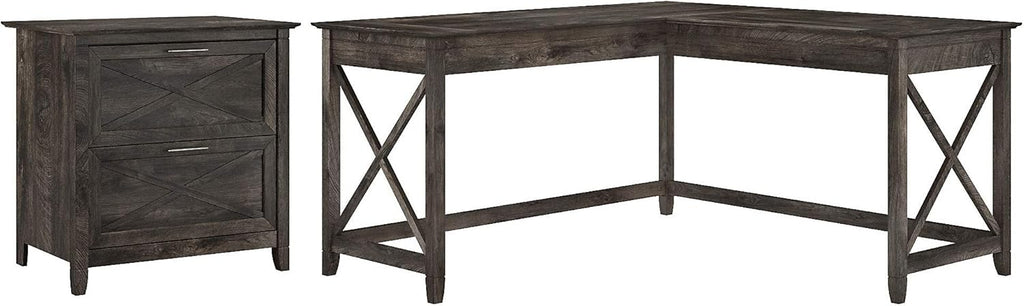Dark Gray Hickory L Shaped Desk with 2 Drawer Lateral File Cabinet G5056