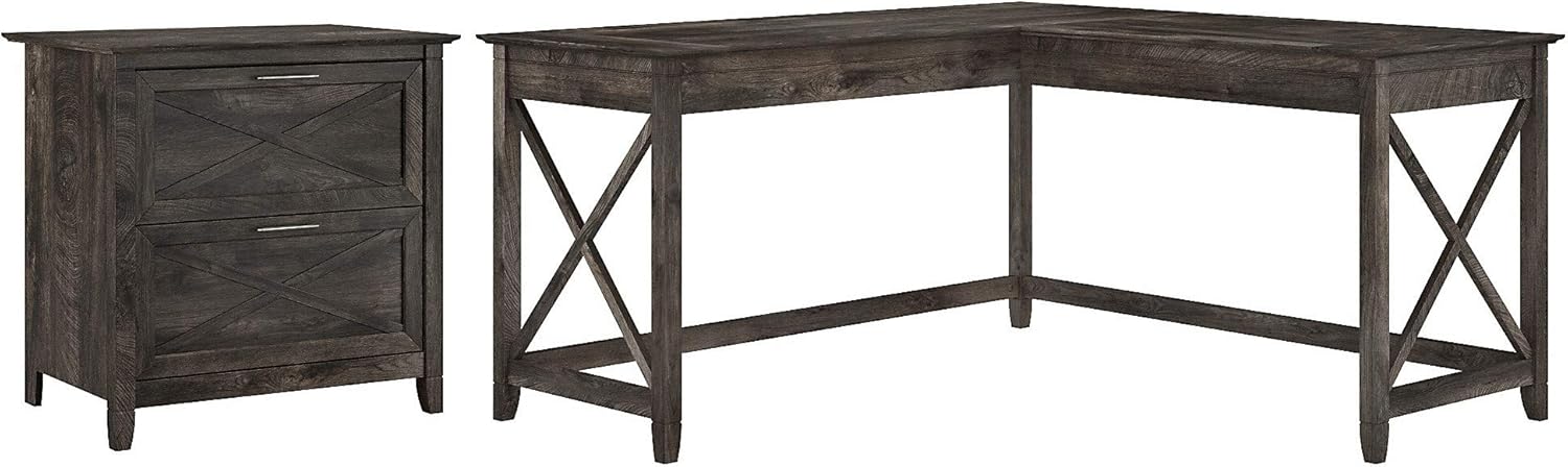 Dark Gray Hickory L Shaped Desk with 2 Drawer Lateral File Cabinet G5056