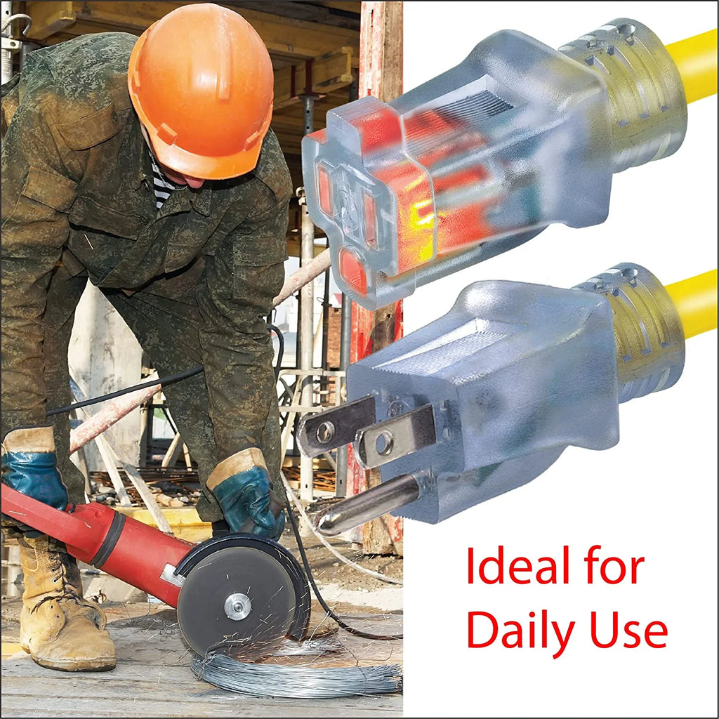 12/3 SJTW 100 ft Outdoor Extension Cord with Power Indicator Light, 3 Prong Grounded, Yellow C821594