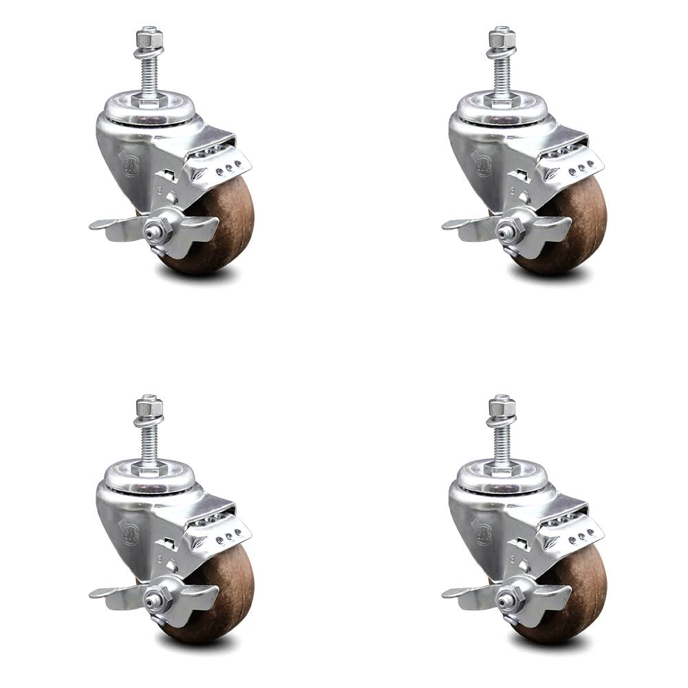 3 inch High Temp Glass Filled Nylon Threaded Stem Caster Set with Brake J72233