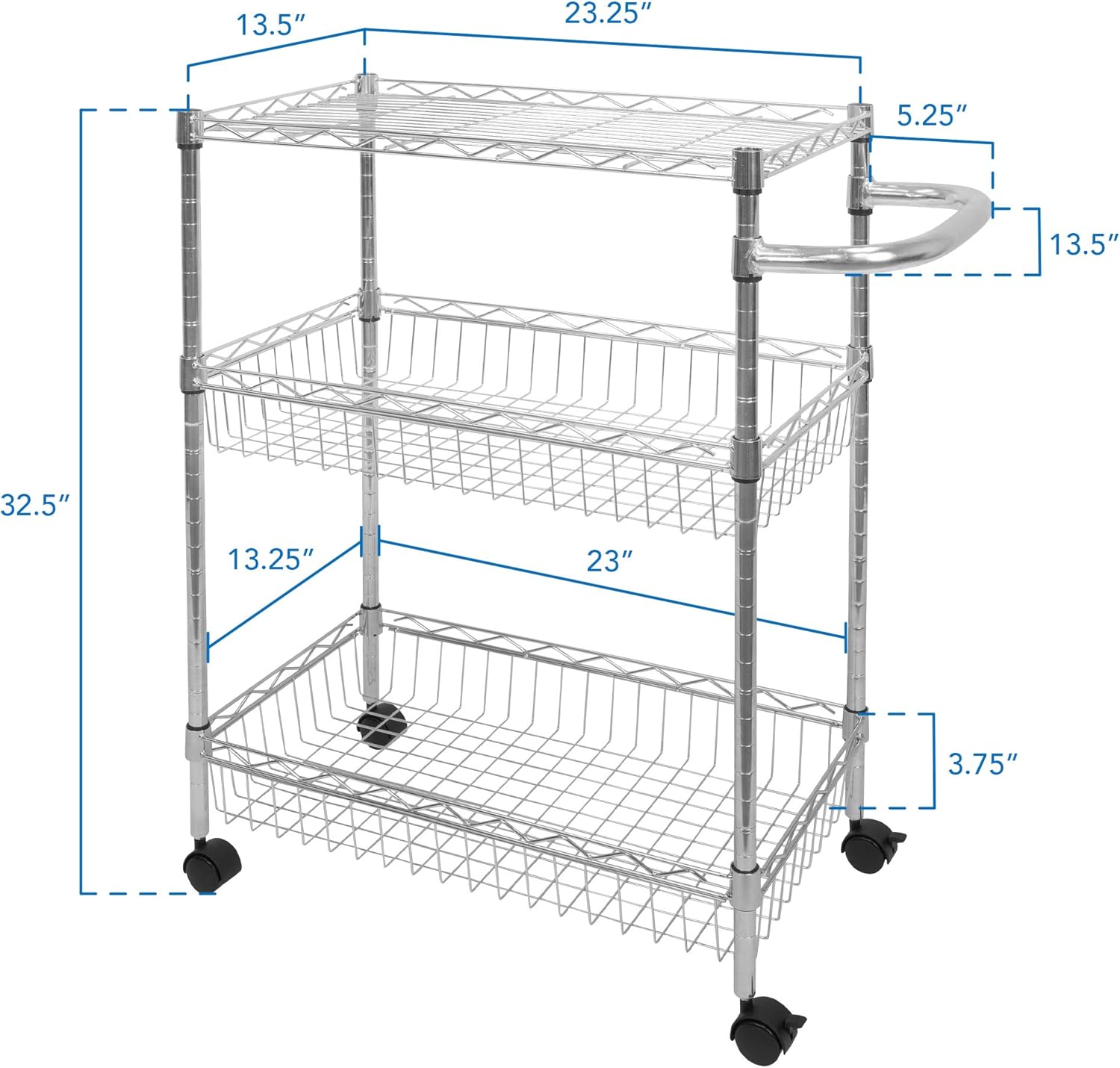 3-Tier Silver Metal Rolling Cart with Wheels B9733