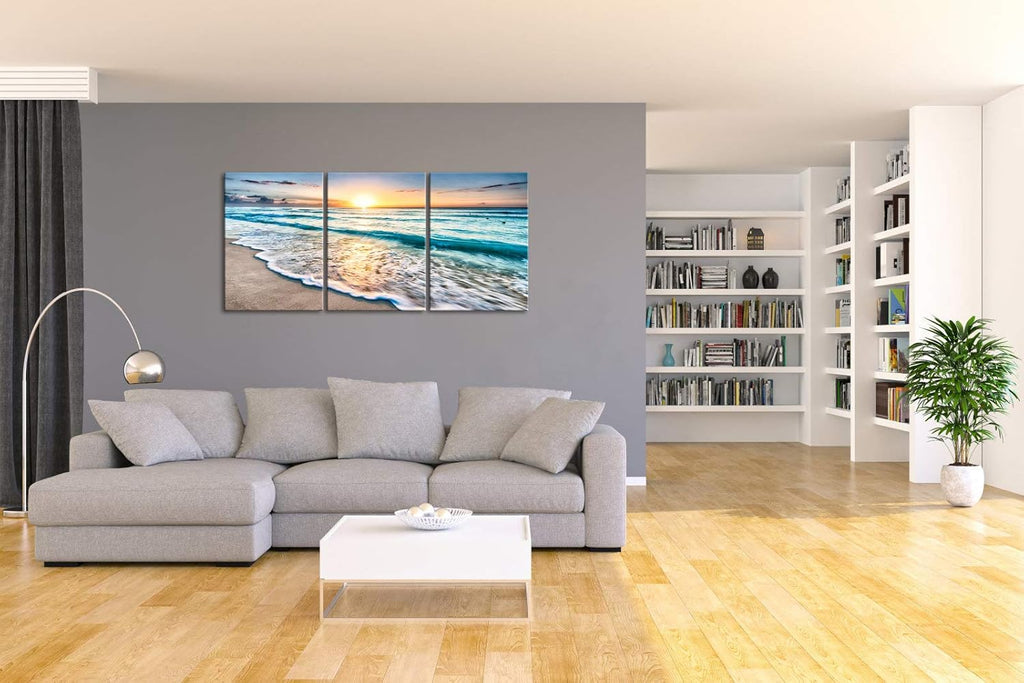 3 Panels Blue Beach Sunrise White Wave Canvas Wall Art S784