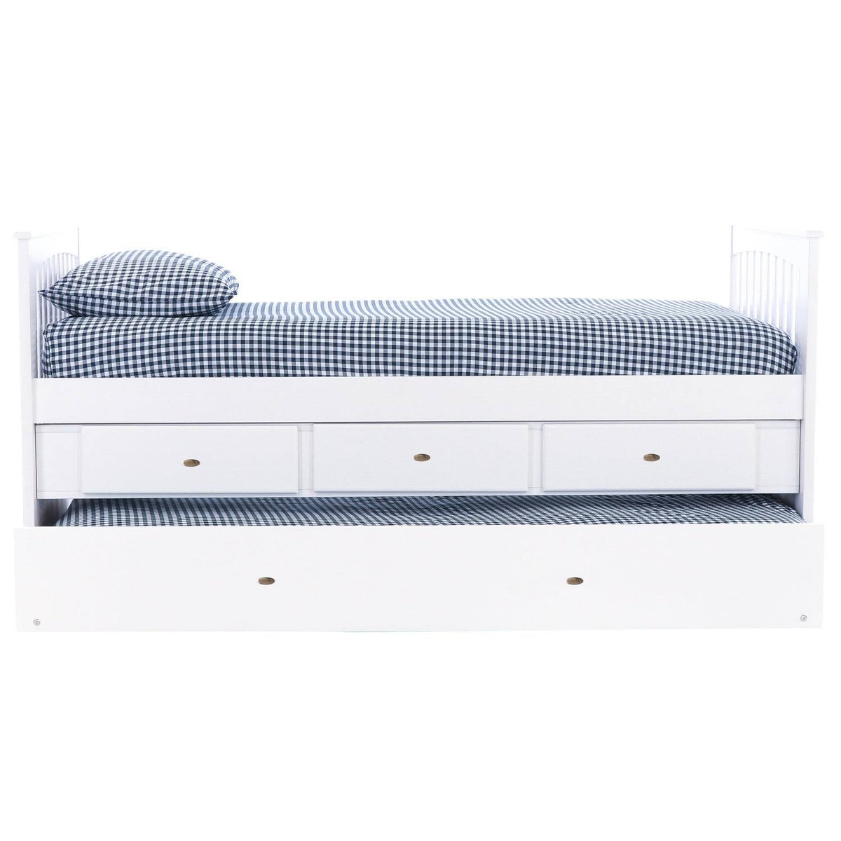 White Twin Rake Bed with Trundle Unit and 3-Drawers O2559