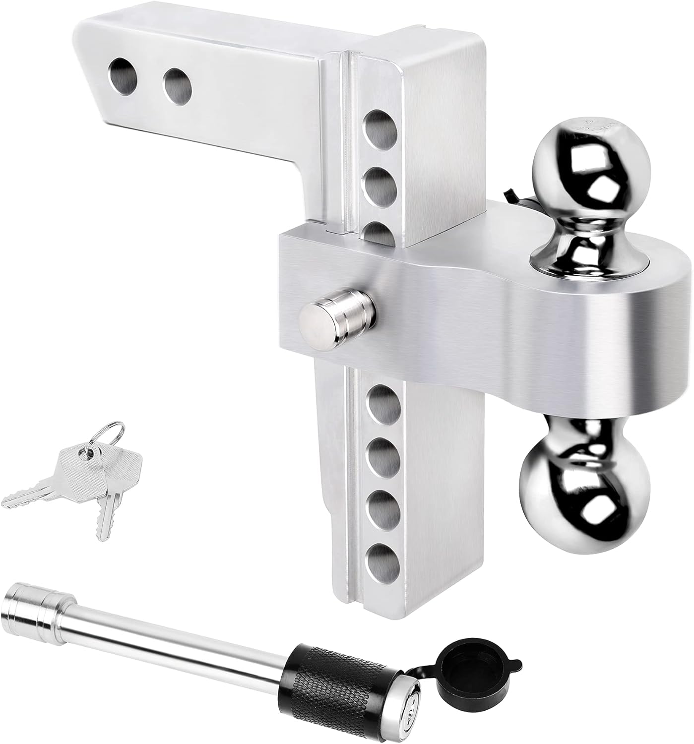 2 Inch Receiver Hitch, 8 Inch Drop/Rise, Dual Towing Balls with Double Pin Key Locks A201