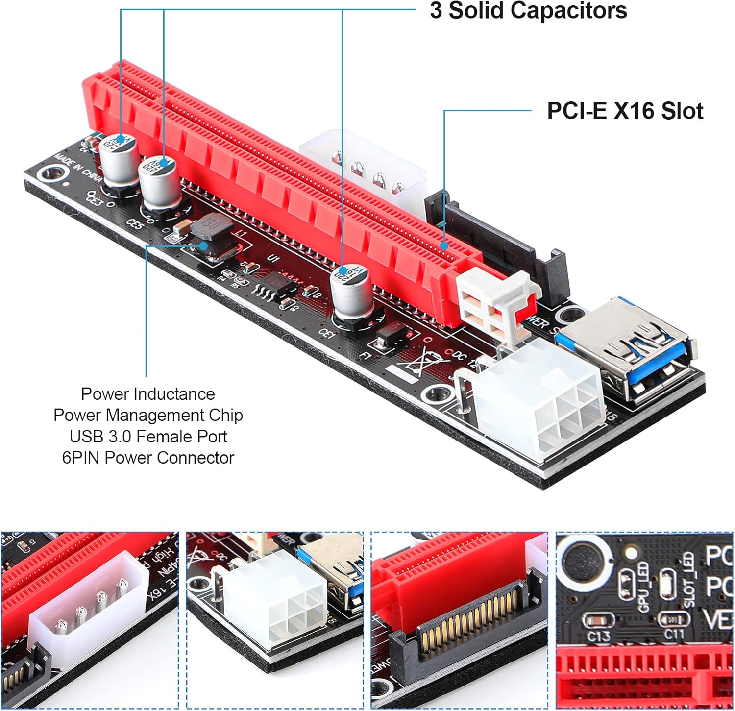 12 Pieces PCI-e Riser Express Cable Set 1X to 16X GPU Adapter Extension Cable USB 3.0 and VGA 8 Pin Female to Dual 8 Pin Male Splitter Braided Sleeved Cable Powered Riser Adapter Card Pack of 2 D95359