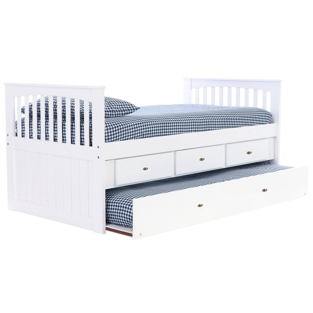 White Twin Rake Bed with Trundle Unit and 3-Drawers O2559