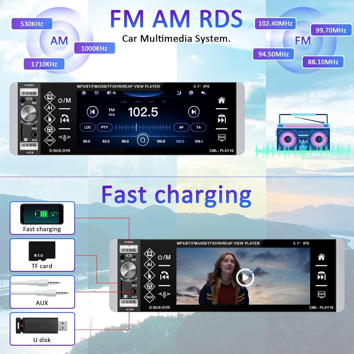 5.1 Inch HD Single Din Touchscreen Car Stereo with Bluetooth Backup Camera O924156