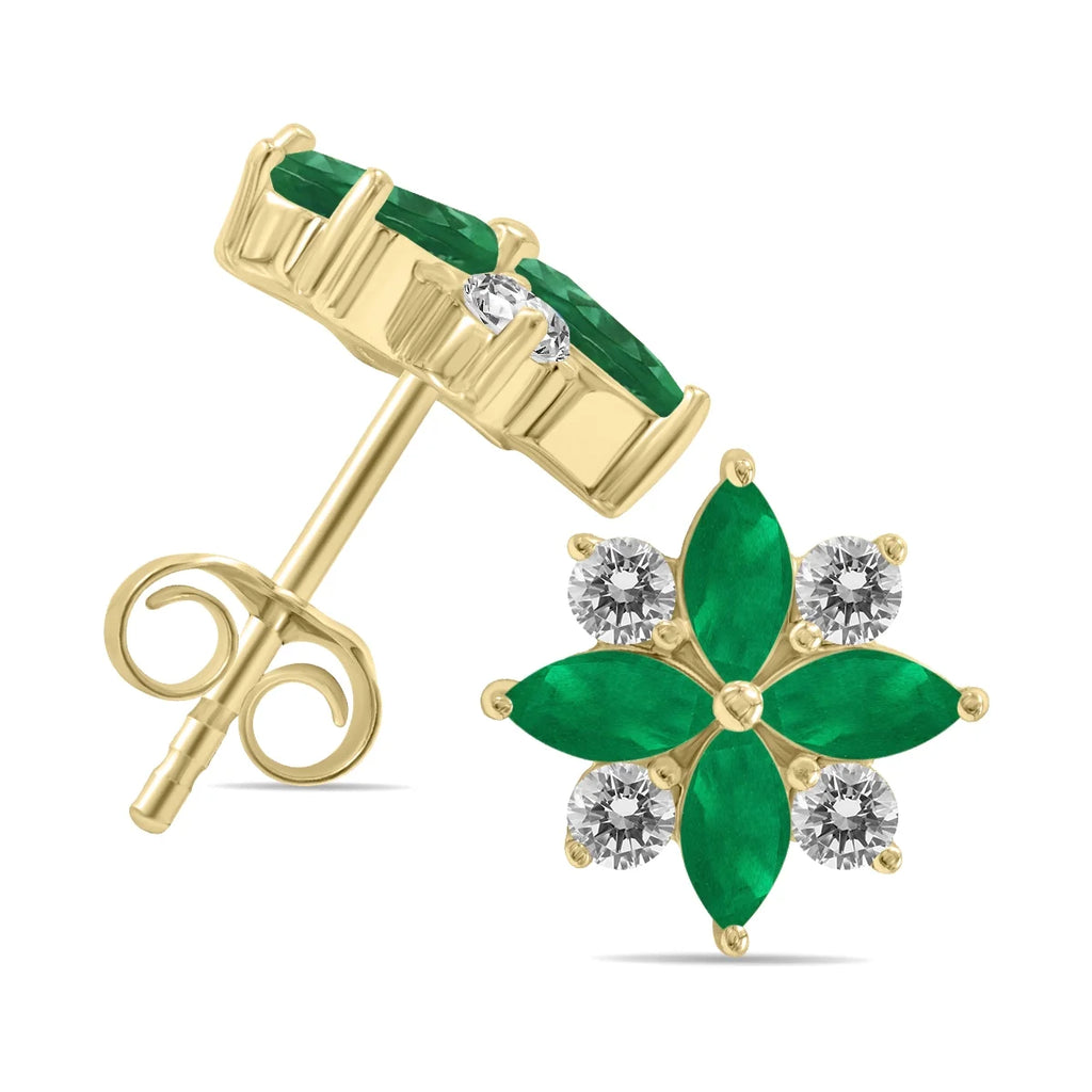 Emerald and Diamond Flower Earrings in 10K Yellow Gold I154