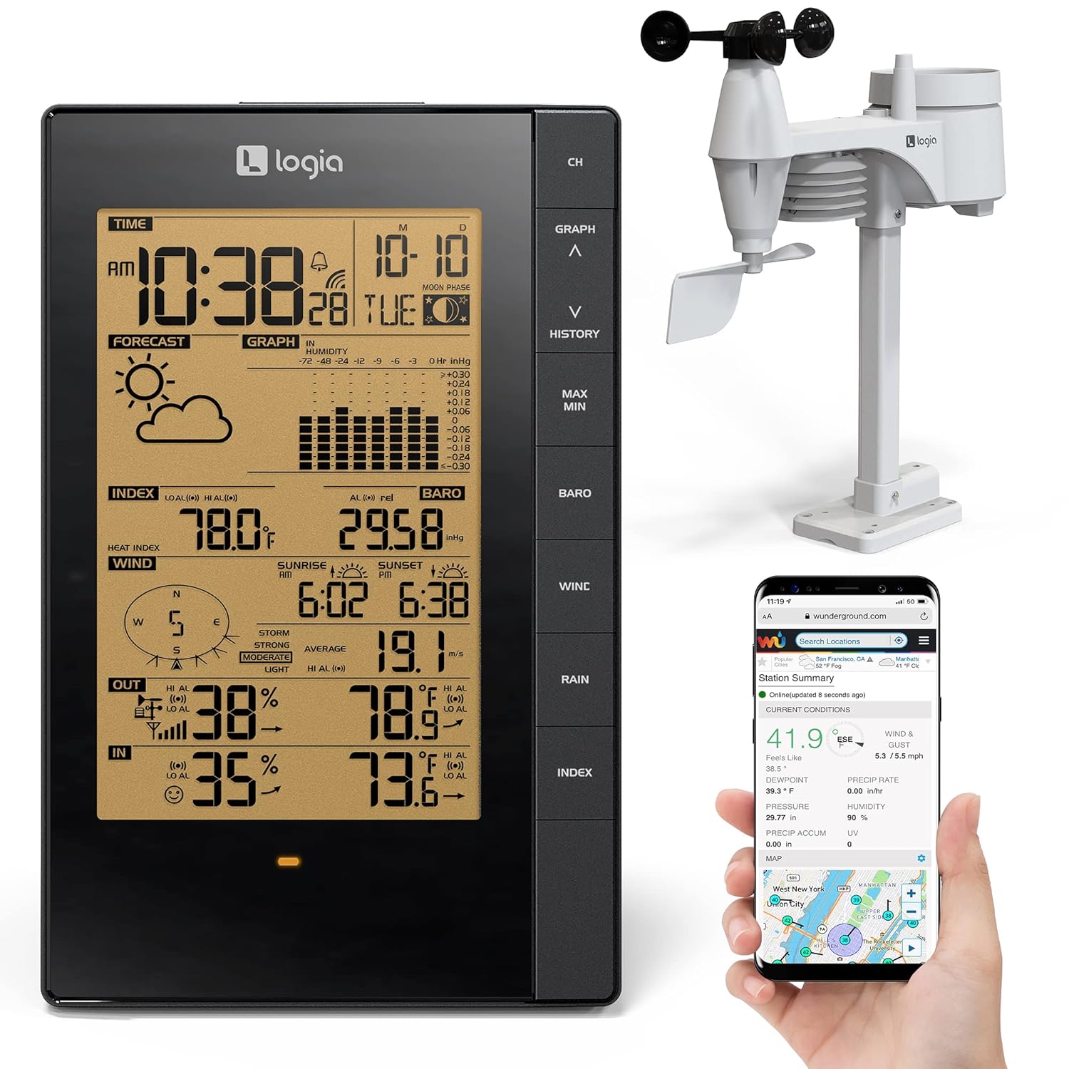 5-in-1 Indoor/Outdoor Weather Station Wireless Backlit LCD Screen E76093