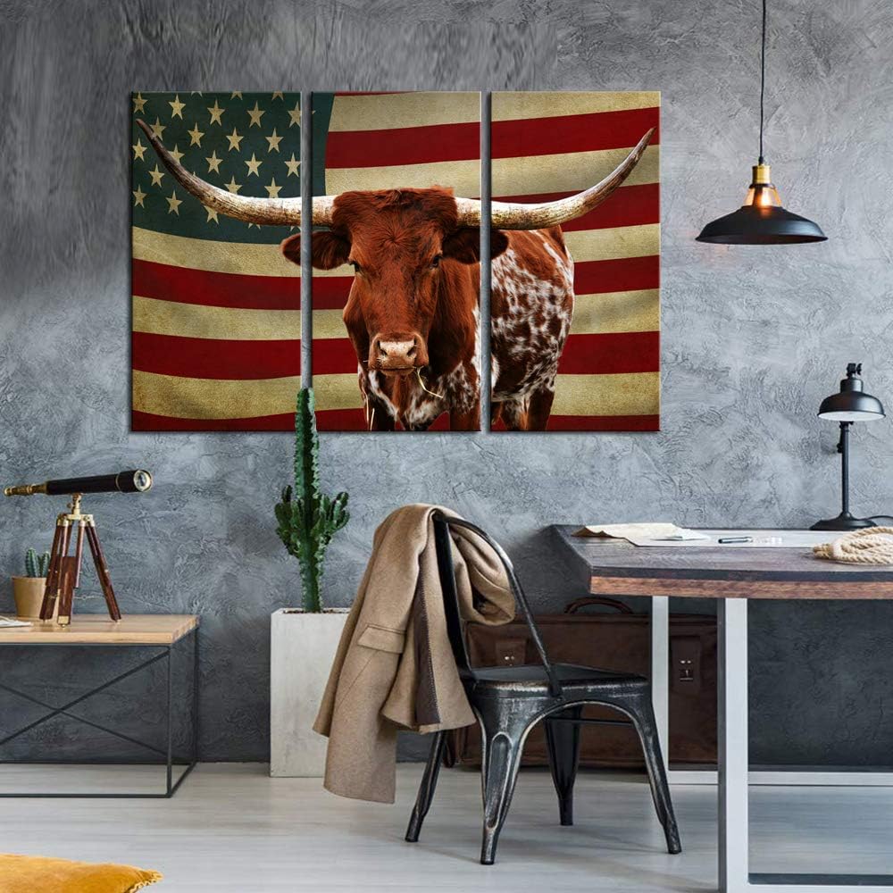 3 Piece Canvas Print Texas Longhorn with American USA Flag Wall Art R44369