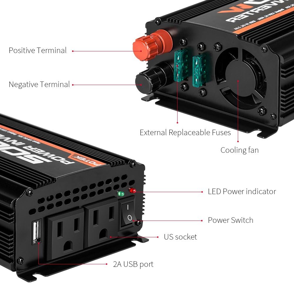 500W Power Inverter DC 12V to AC 110V Dual AC Charging Port and 2A USB Ports Pack of 2 W6592