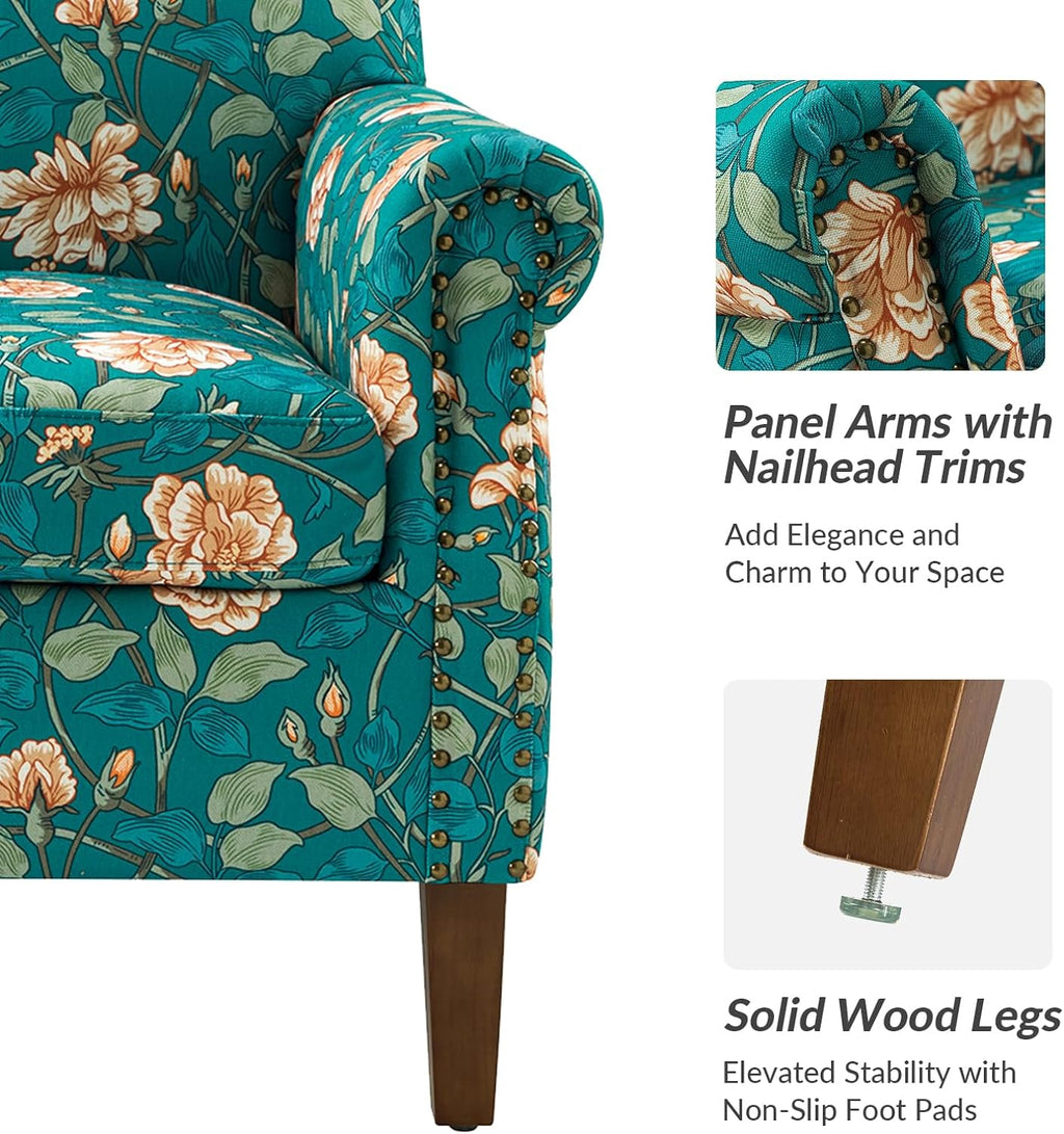 Teal Accent Chair with Wood Legs and Removable Cushion D8656