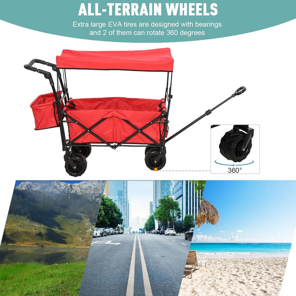 Red Collapsible Garden Utility Cart Wagon with Adjustable Handle, Canopy & All-Terrain Wheels A948739