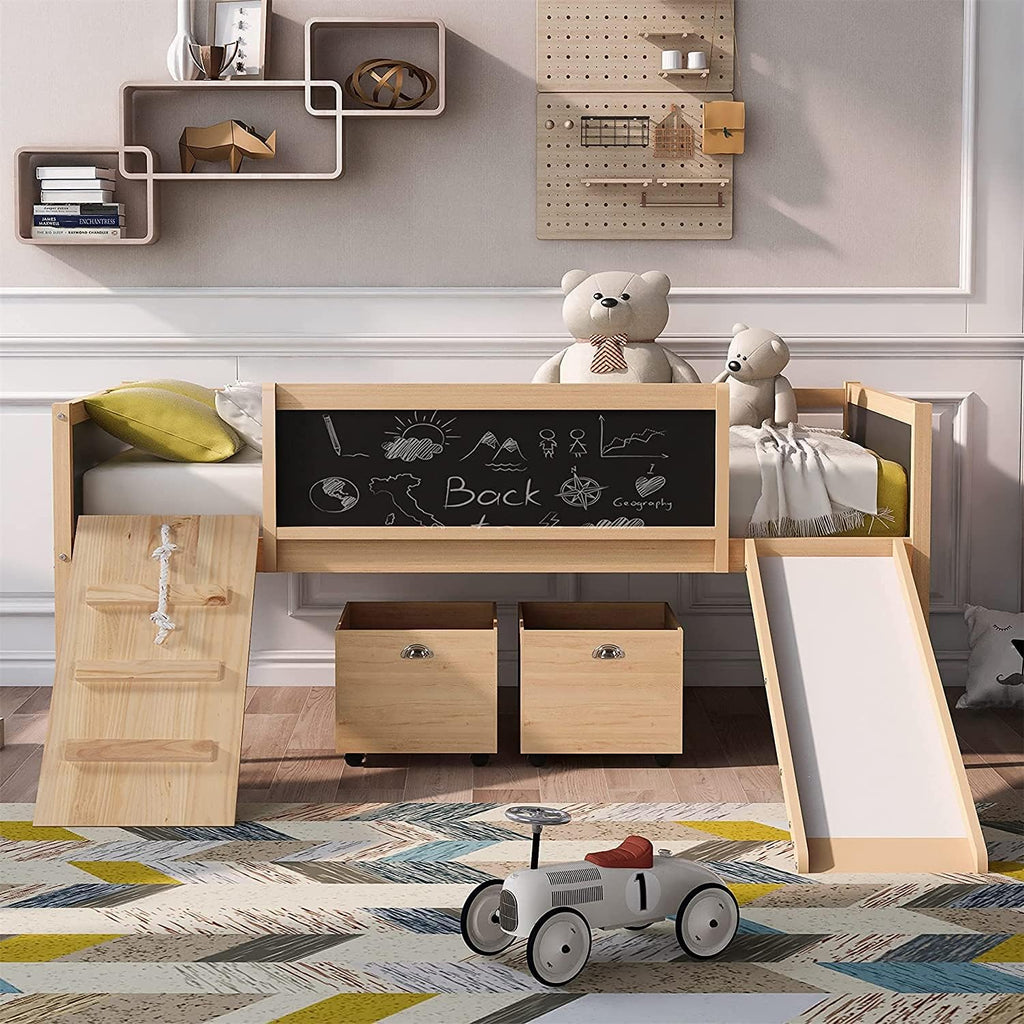 Twin Size Solid Wood Loft Bed with Slide and Storage Shelves U449