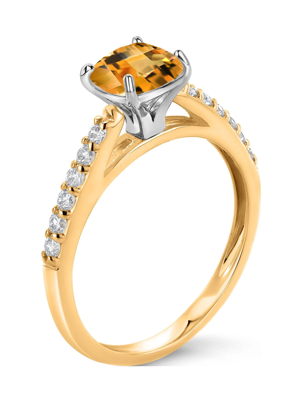 Yellow Gold Cushion Checkerboard Cut Citrine and White Lab Grown Diamond Engagement Ring V452