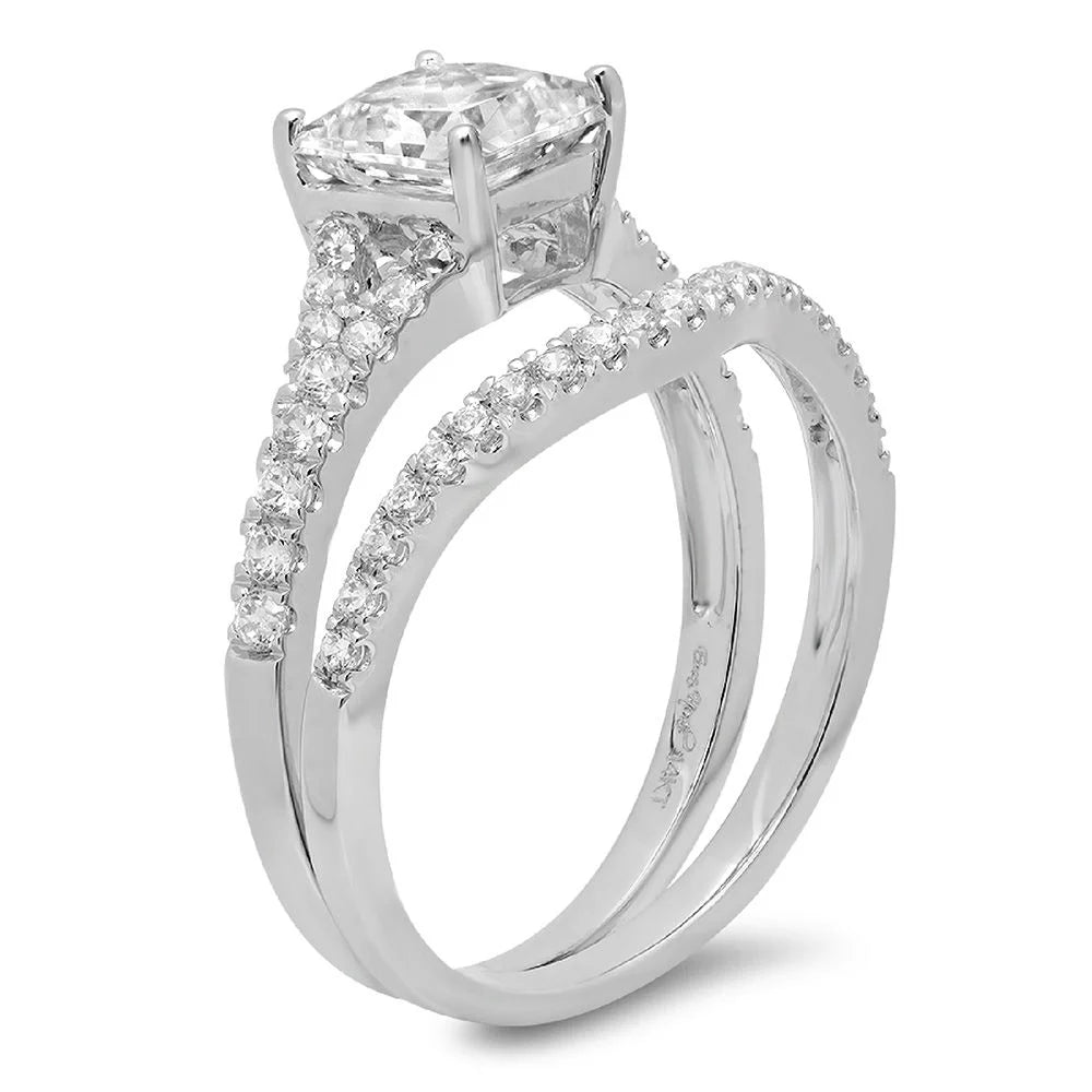 Princess Cut Clear Lab Created Moissanite 18k White Gold Ring Band Set sz 3.5 I89970