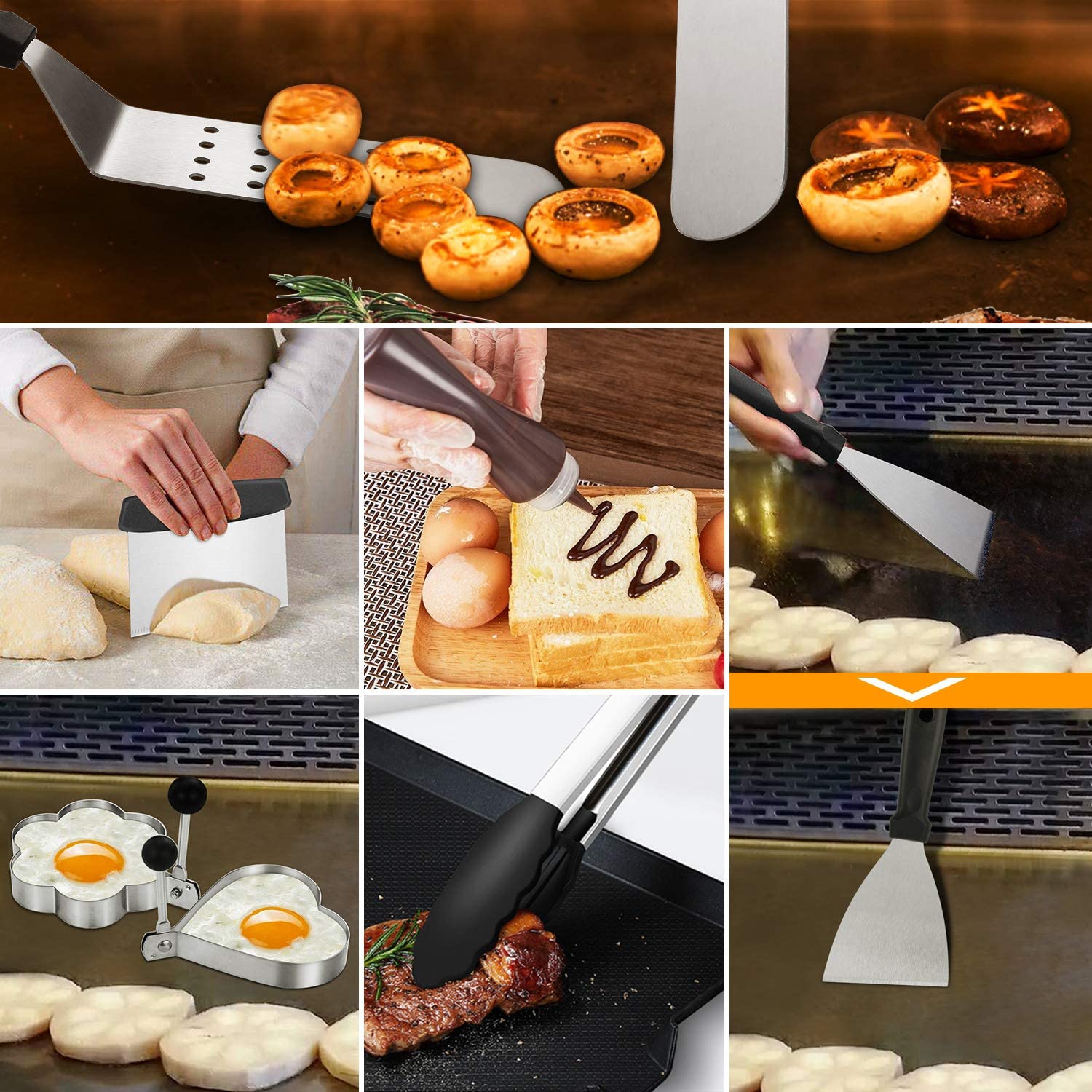 Griddle Tool Set Flat Top Grill Accessories Kit with 304 Melting Dome Lid, Spatulas, Scraper, Egg Rings, Burger Press Carrying Bag & Squirt Bottles Y346