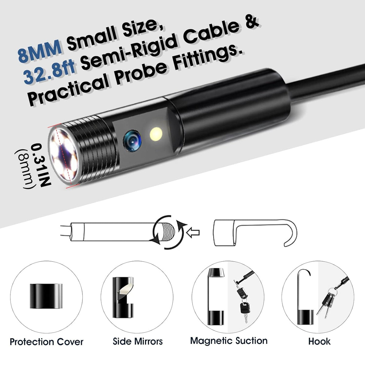Dual Lens Industrial Endoscope with Flashlight, 4.3 LCD Screen 8mm IP67 Waterproof Detachable Snake Camera 32.8ft T6882