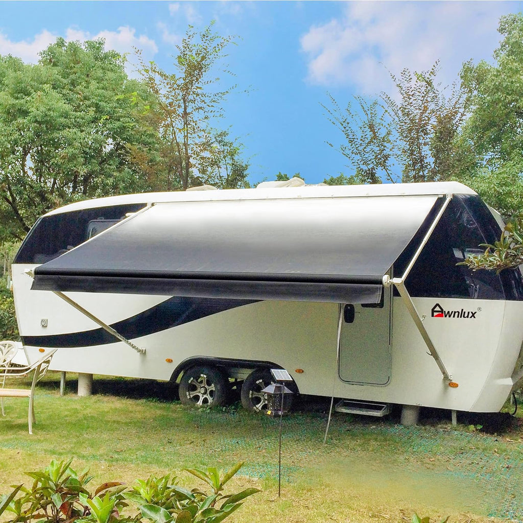 White Manual Modular Retractable RV Awning Full Set Assemblies, 10x8 Ft, Black Strip I82455