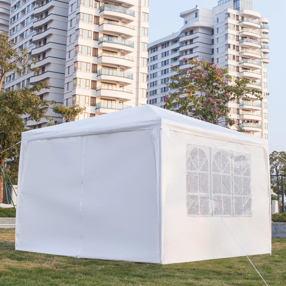 White 10x10ft Pop Up Canopy Tent with 4 Removable Side Walls Y89199