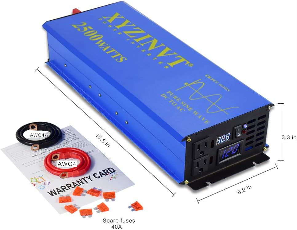2000 watt Pure Sine Wave Power Inverter DC 12V to AC 120V with LED Display and Wireless Remote Controller H5594