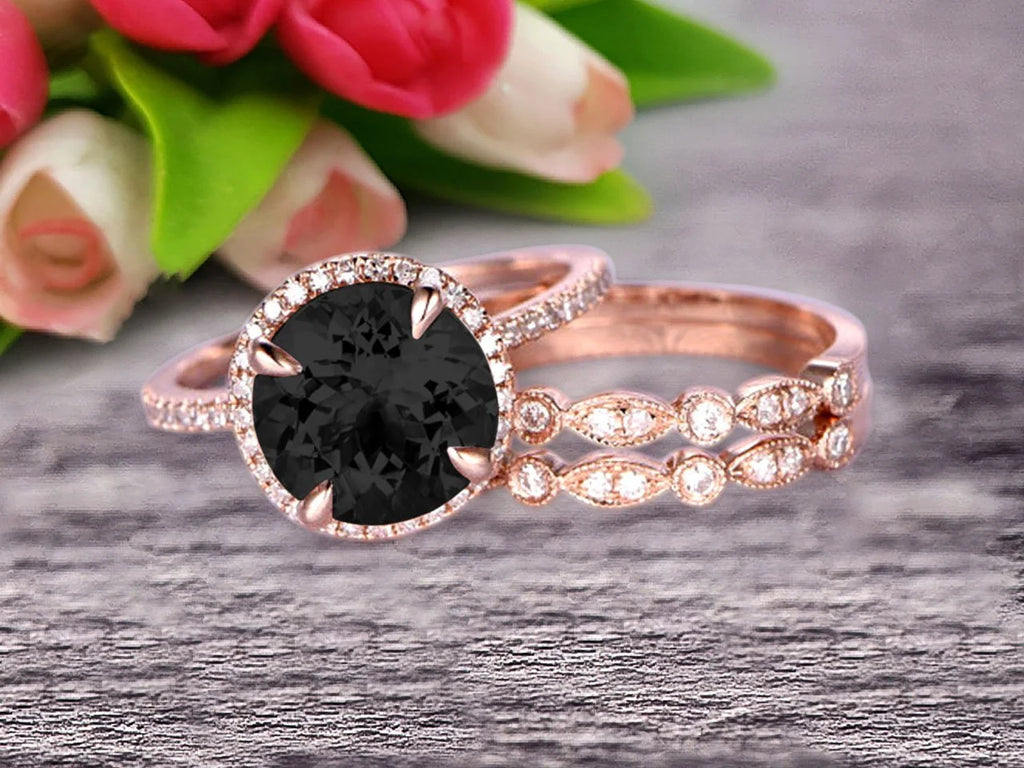 Black Diamond Moissanite Wedding Ring Set Engagement Ring 10k Rose Gold Stacking Matching Band 2.75 Carat Round Cut Gemstone L624701