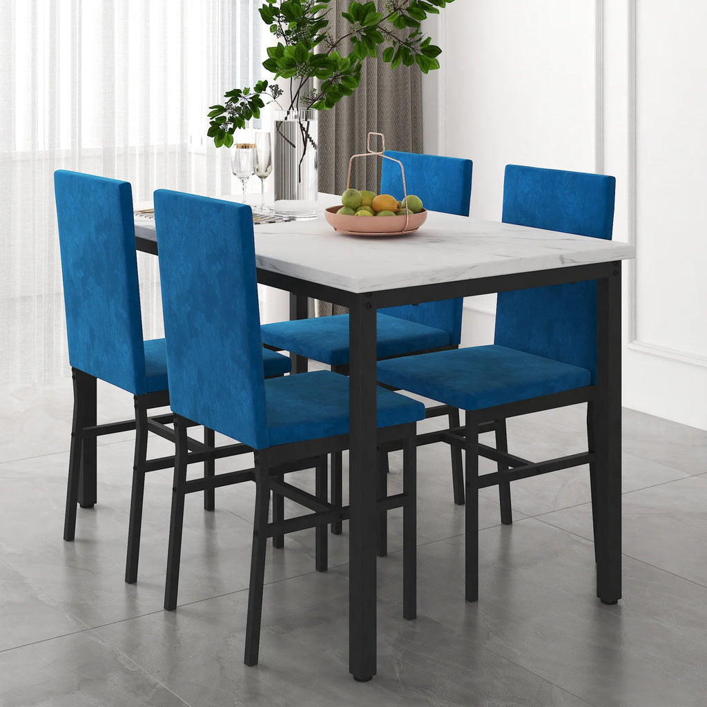 5-Piece Dining Table and Chairs Set with White Marble Top and Blue Velvet Chairs B23914