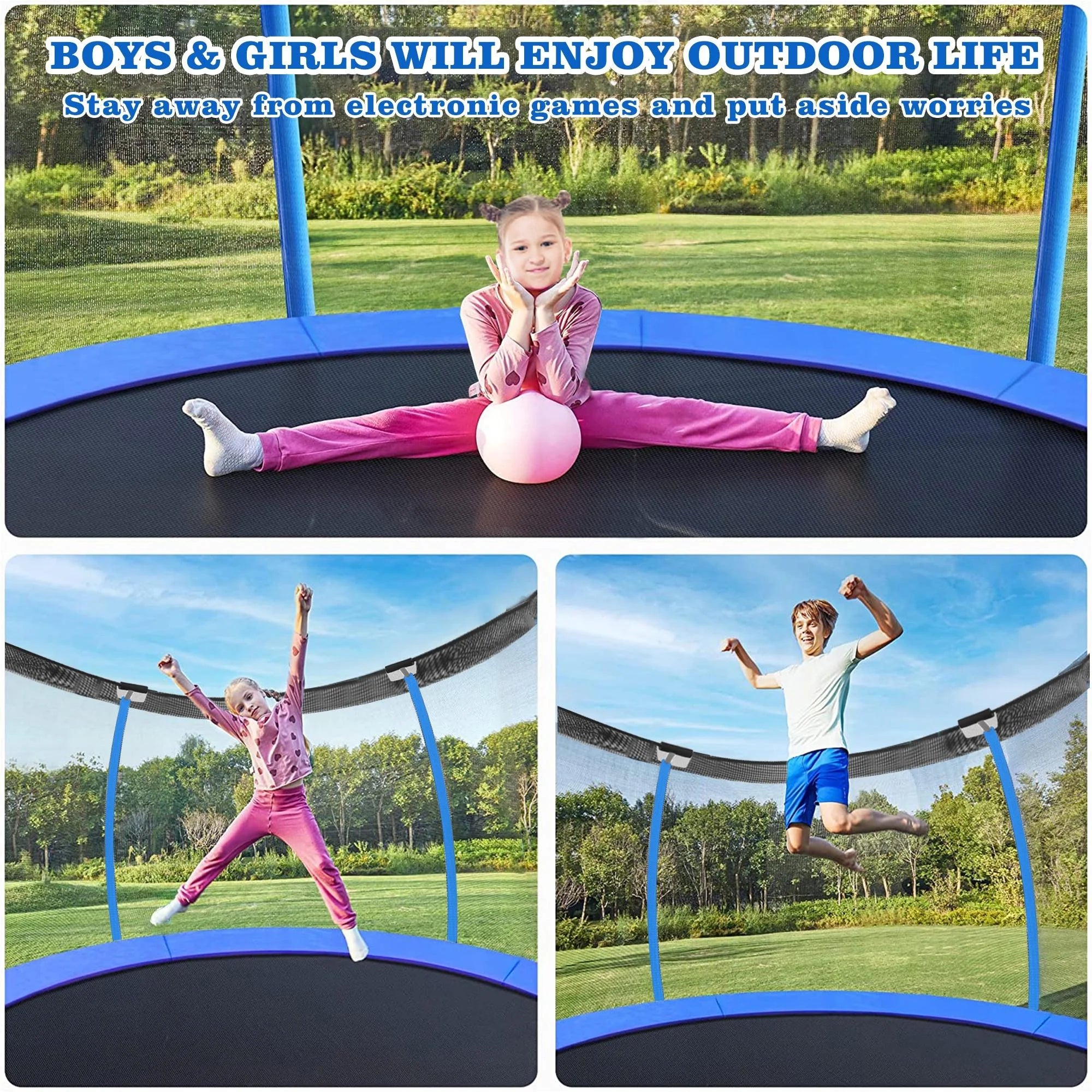 12FT Blue Outdoor Kids Trampoline with Basketball Hoop & Enclosure I710650