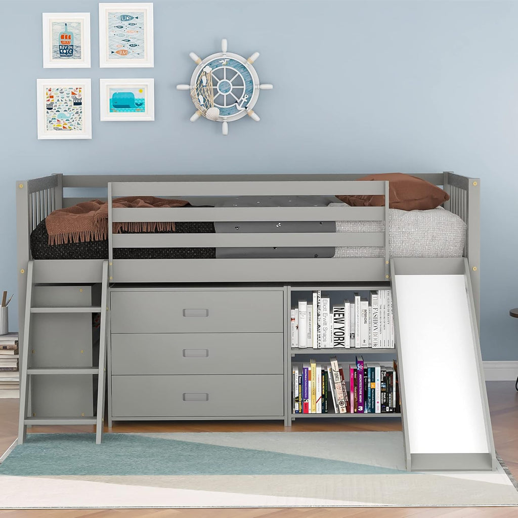 Twin Size Solid Wood Loft Bed with Slide and Storage Shelves U449