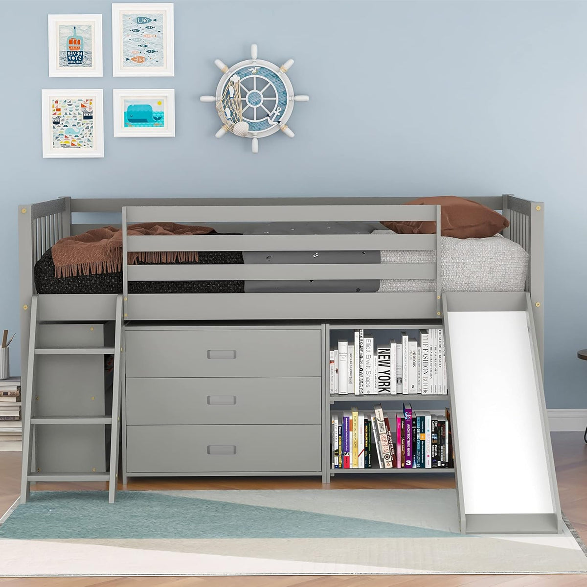 Twin Size Solid Wood Loft Bed with Slide and Storage Shelves U449