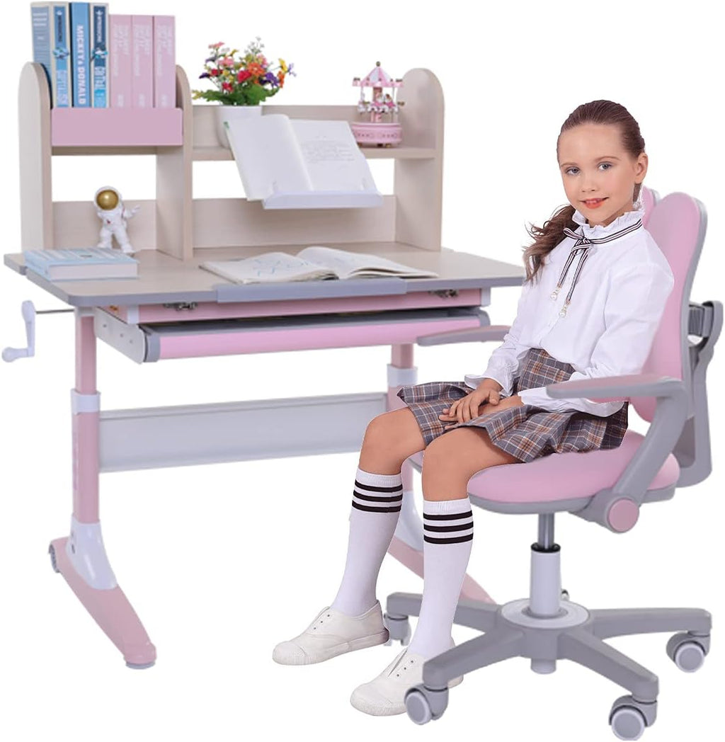 Pink Height Adjustable Kids Study Desk and Chair Set with Drawer and Bookshelf B733489