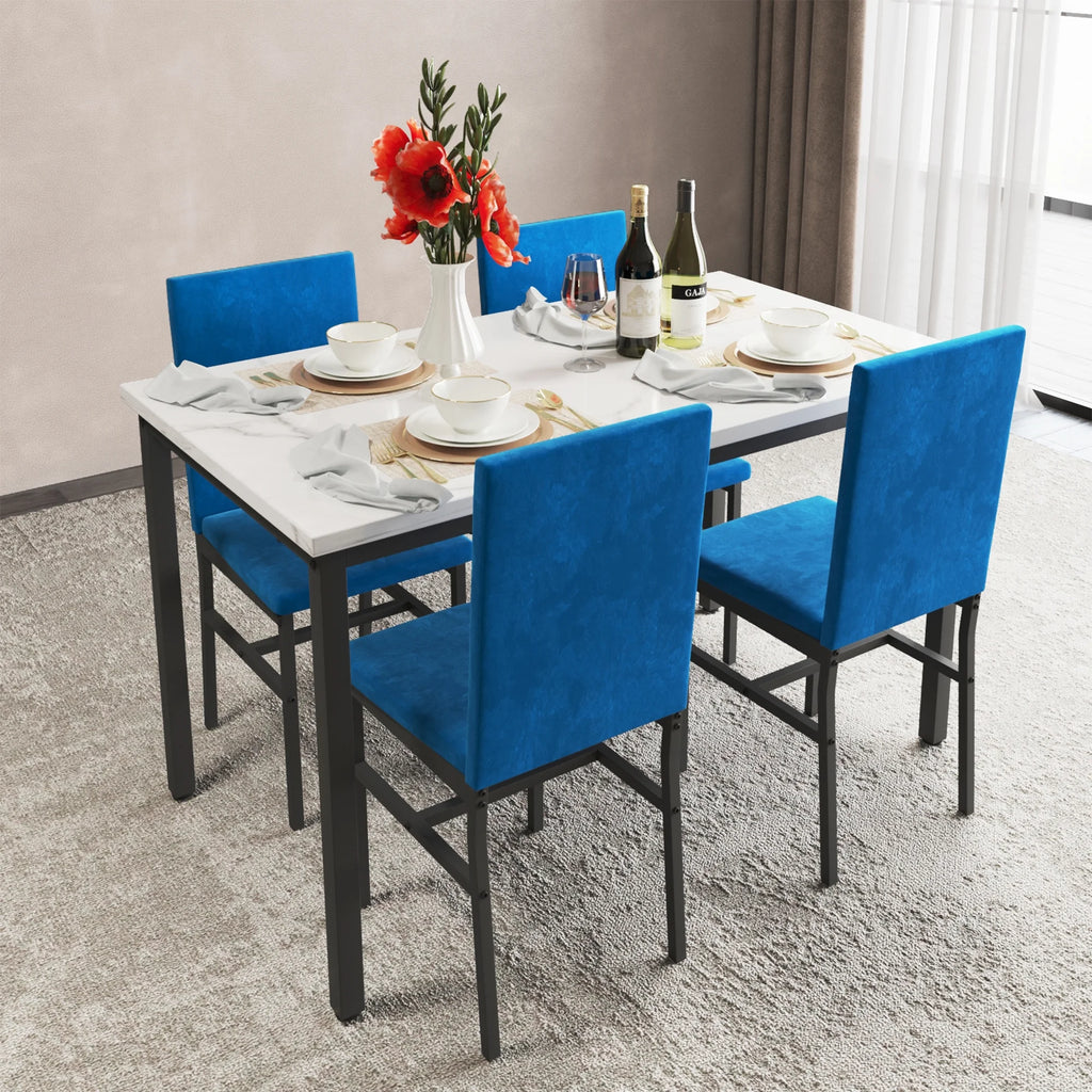 5-Piece Dining Table and Chairs Set with White Marble Top and Blue Velvet Chairs B23914