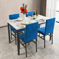 5-Piece Dining Table and Chairs Set with White Marble Top and Blue Velvet Chairs B23914